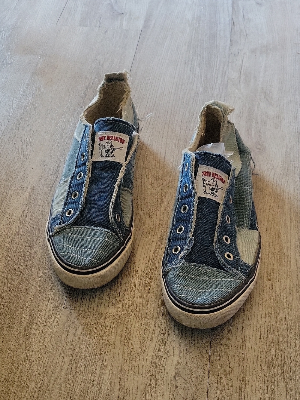 True Religion Korey Size 10 Slip On Laceless Blue Denim Patchwork Sneakers Retro